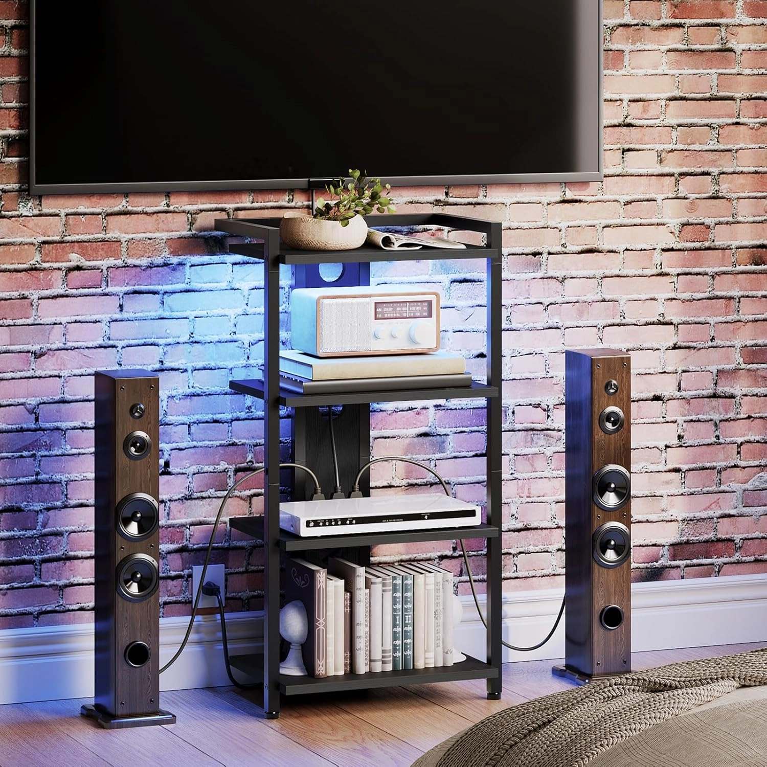 HOOBRO 4-Tier AV Media Console With Charging Station and LED Light, Wooden Stereo Cabinet, Corner TV Stand, Record Player, Entertainment Device, Black BB38UDCJ01