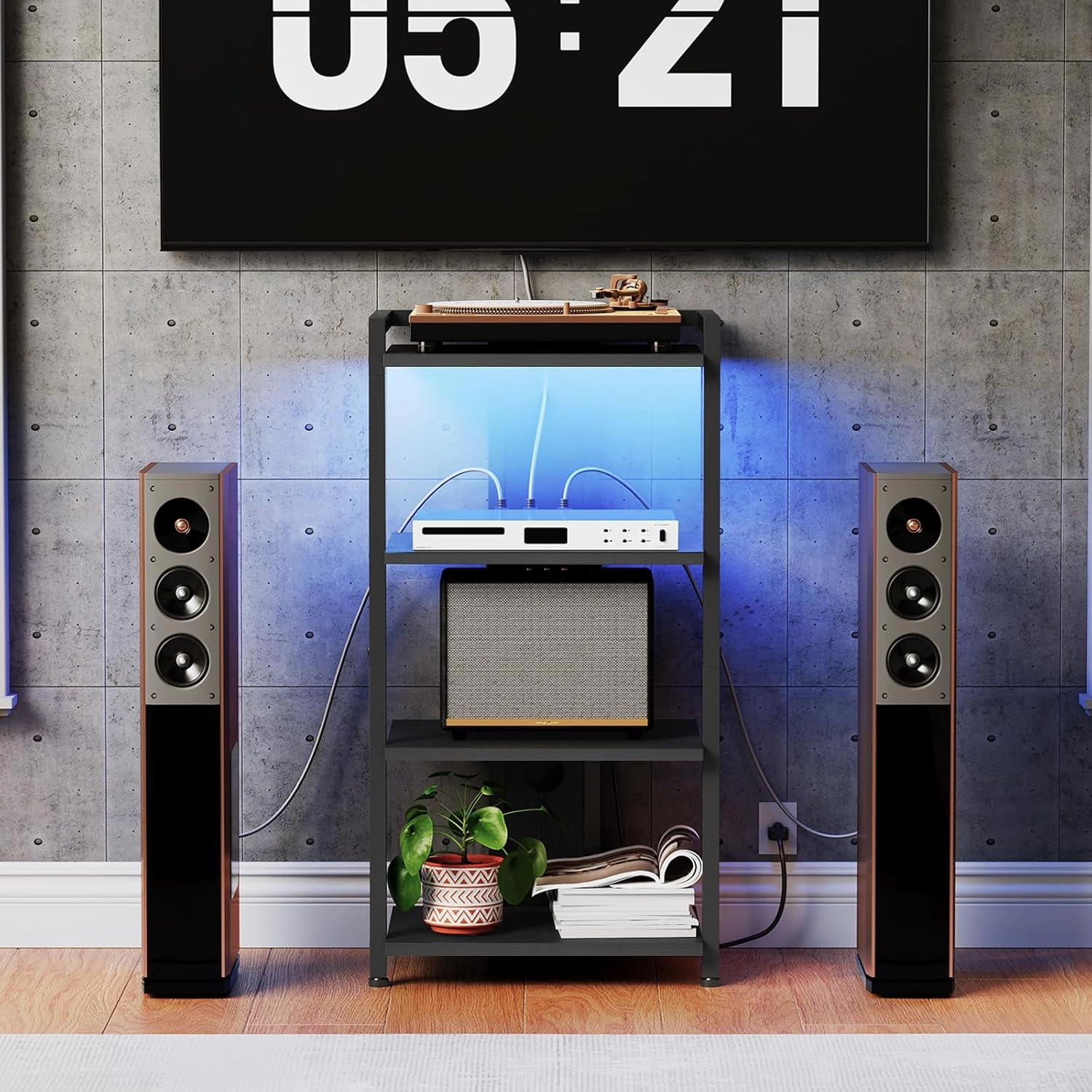 HOOBRO 4-Tier AV Media Console With Charging Station and LED Light, Wooden Stereo Cabinet, Corner TV Stand, Record Player, Entertainment Device, Black BB38UDCJ01