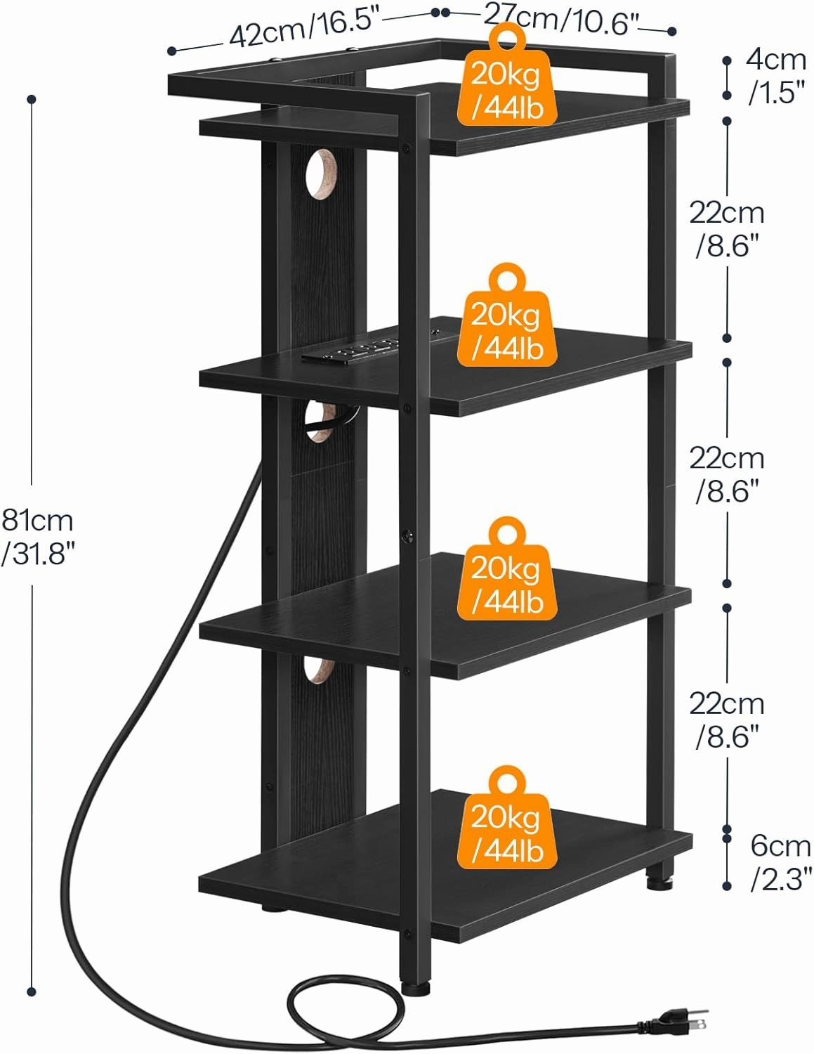 HOOBRO 4-Tier AV Media Console With Charging Station and LED Light, Wooden Stereo Cabinet, Corner TV Stand, Record Player, Entertainment Device, Black BB38UDCJ01