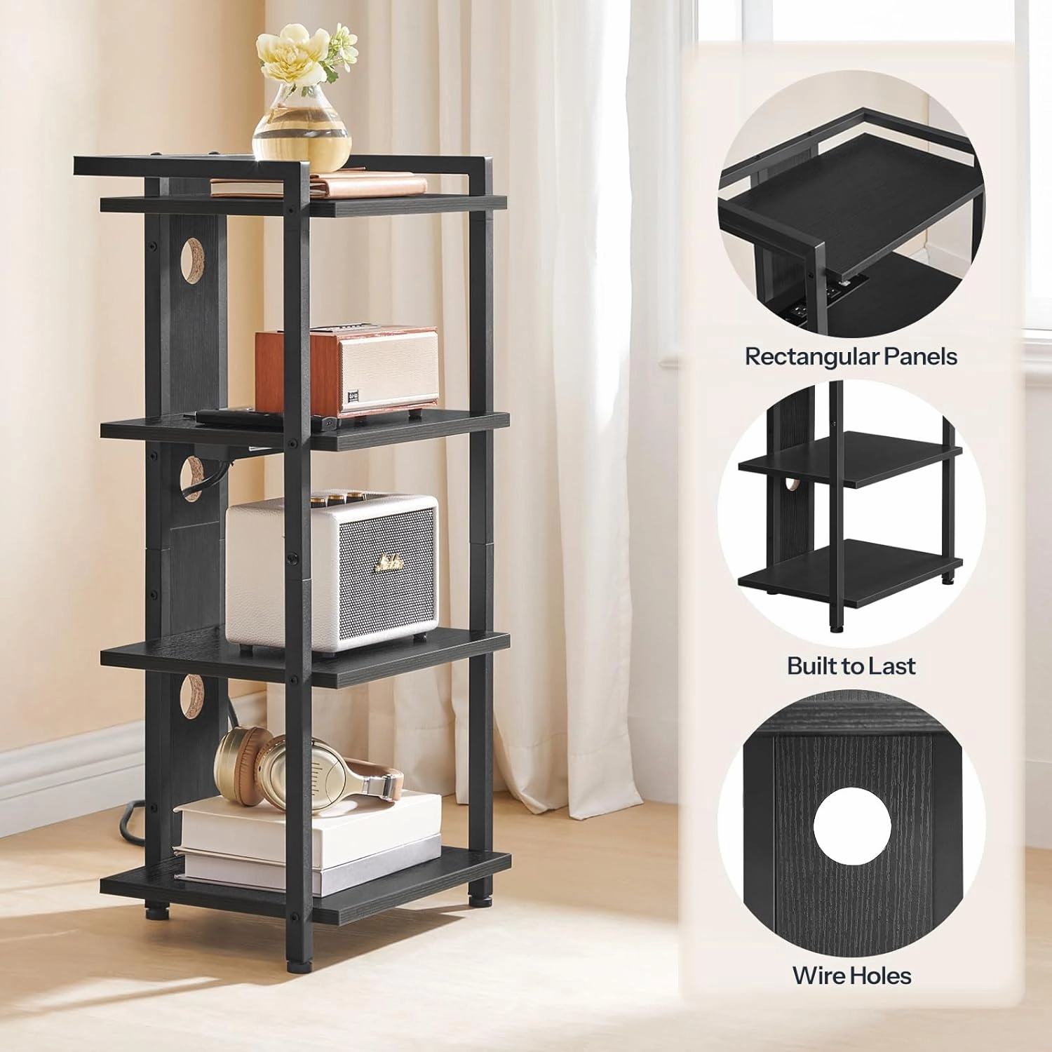 HOOBRO 4-Tier AV Media Console With Charging Station and LED Light, Wooden Stereo Cabinet, Corner TV Stand, Record Player, Entertainment Device, Black BB38UDCJ01