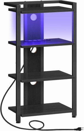 HOOBRO 4-Tier AV Media Console With Charging Station and LED Light, Wooden Stereo Cabinet, Corner TV Stand, Record Player, Entertainment Device, Black BB38UDCJ01 audio rack,hi-fi component stand,media shelf,