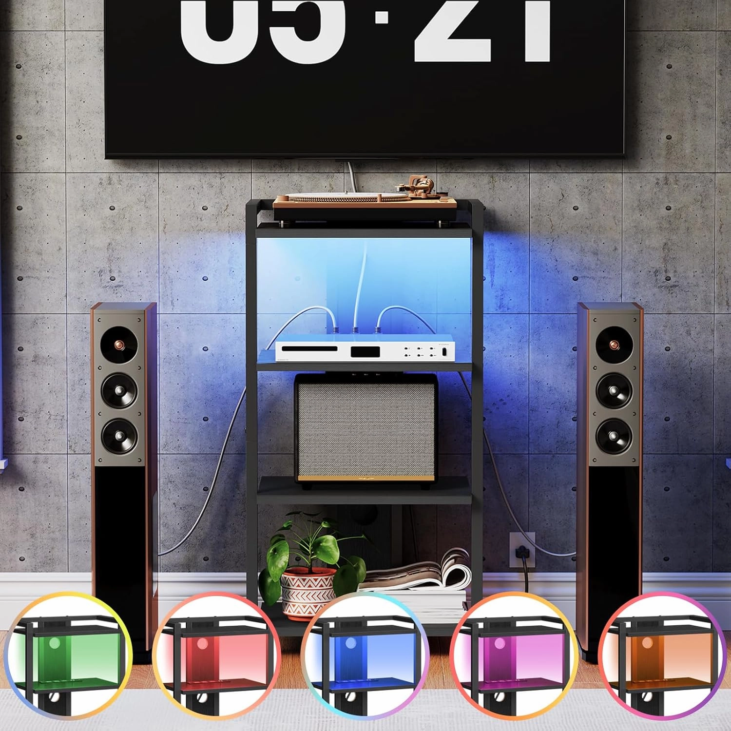 HOOBRO 4-Tier AV Media Console With Charging Station and LED Light, Wooden Stereo Cabinet, Corner TV Stand, Record Player, Entertainment Device, Black BB38UDCJ01