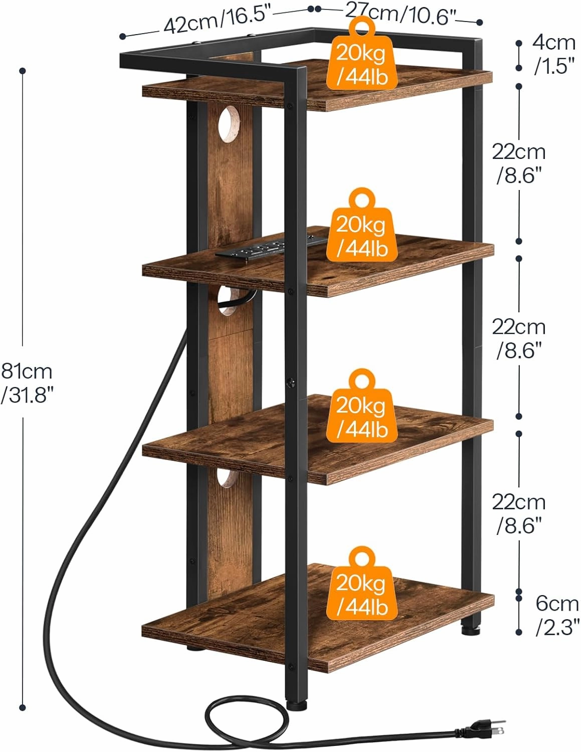 HOOBRO 4-Tier AV Media Stand, Media Console with Charging Station and LED Light, Wooden Stereo Cabinet, Corner TV Stand, Record Player, Entertainment Device Stand, Rustic Brown and Black BF38UDCJ01