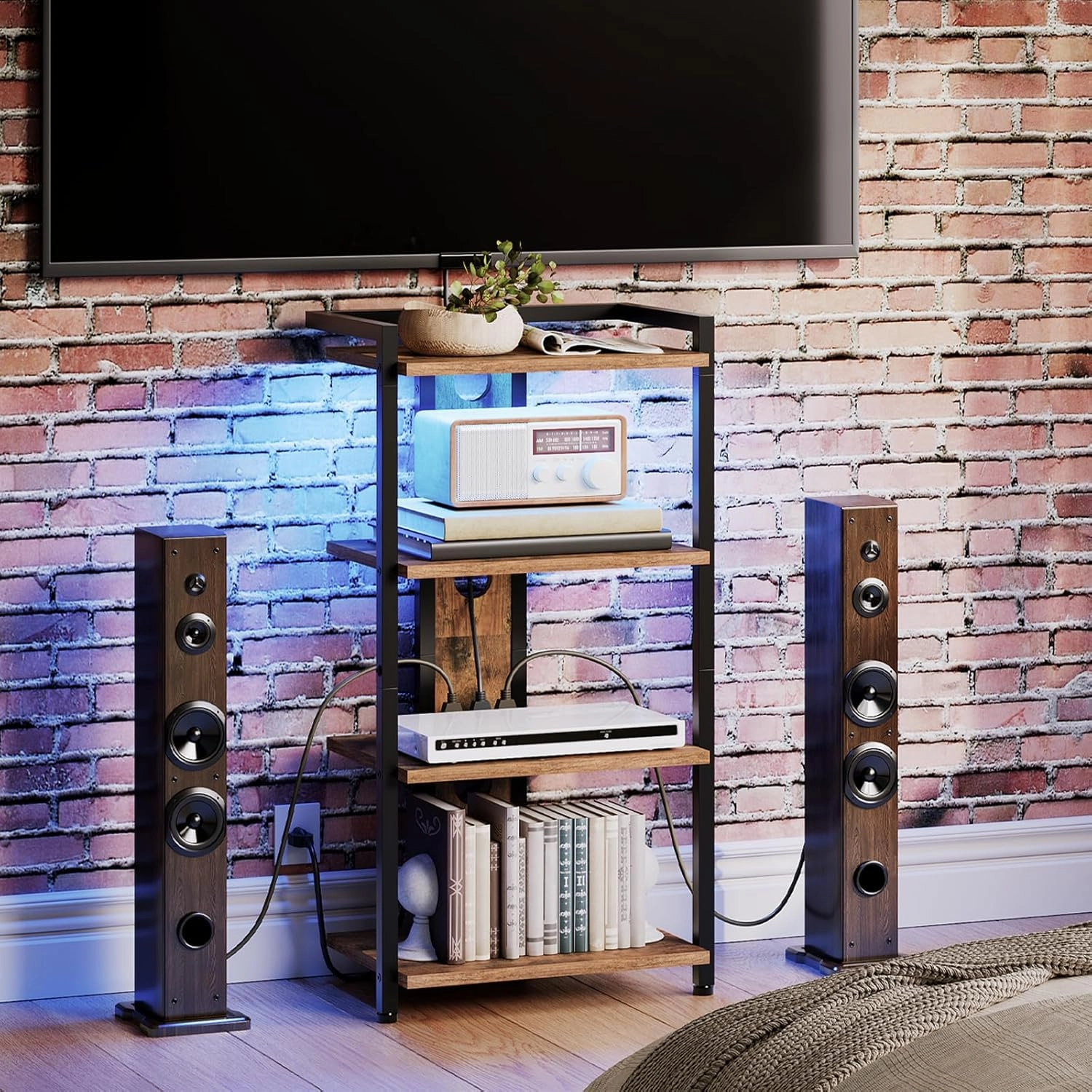 HOOBRO 4-Tier AV Media Stand, Media Console with Charging Station and LED Light, Wooden Stereo Cabinet, Corner TV Stand, Record Player, Entertainment Device Stand, Rustic Brown and Black BF38UDCJ01