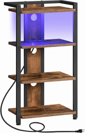 HOOBRO 4-Tier AV Media Stand, Media Console with Charging Station and LED Light, Wooden Stereo Cabinet, Corner TV Stand, Record Player, Entertainment Device Stand, Rustic Brown and Black BF38UDCJ01 audio rack,hi-fi component stand,media shelf,