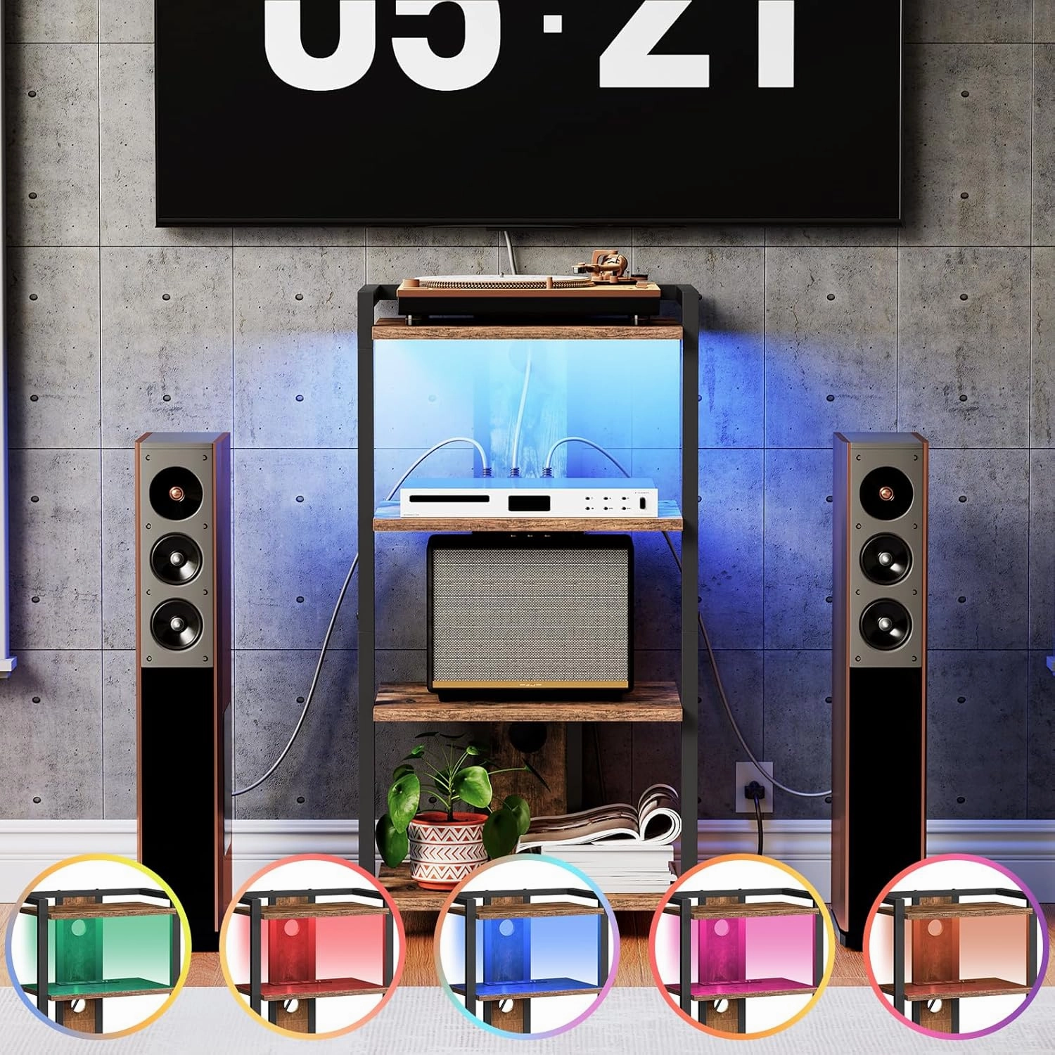 HOOBRO 4-Tier AV Media Stand, Media Console with Charging Station and LED Light, Wooden Stereo Cabinet, Corner TV Stand, Record Player, Entertainment Device Stand, Rustic Brown and Black BF38UDCJ01