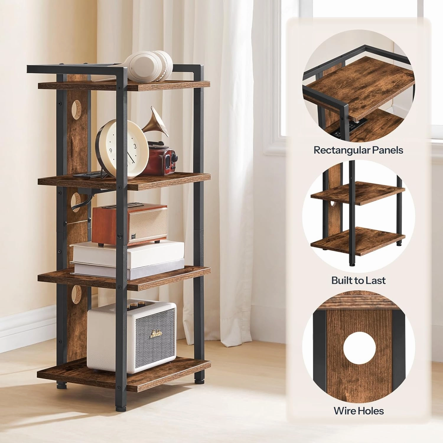 HOOBRO 4-Tier AV Media Stand, Media Console with Charging Station and LED Light, Wooden Stereo Cabinet, Corner TV Stand, Record Player, Entertainment Device Stand, Rustic Brown and Black BF38UDCJ01