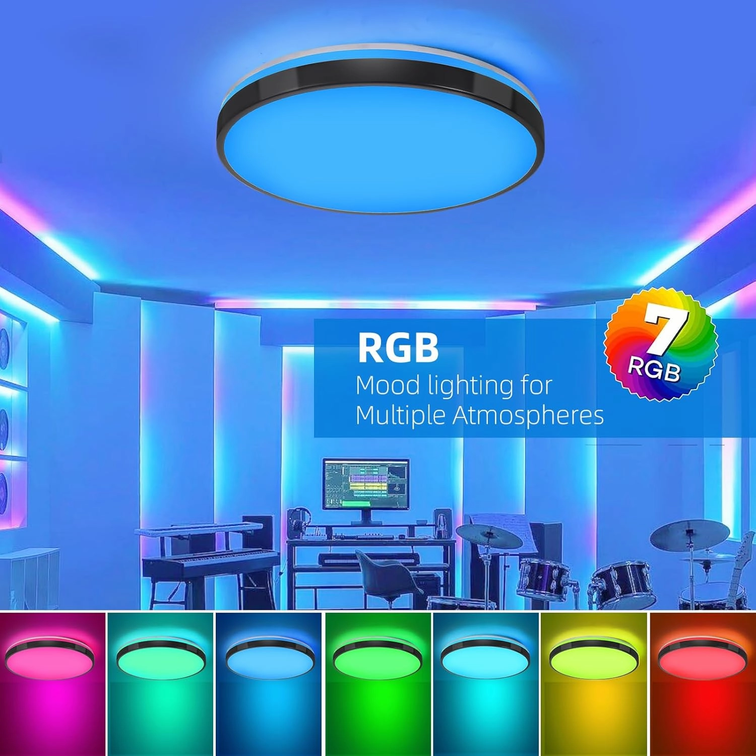 HOREVO 24W LED Ceiling Lamp Black Flush Mount Ceiling Light Fixture with Bluetooth Speaker with Remote Control,RGB Color Changing Light for Bedroom,Living Room,Bathroom,Kitchen.(Need Wired)