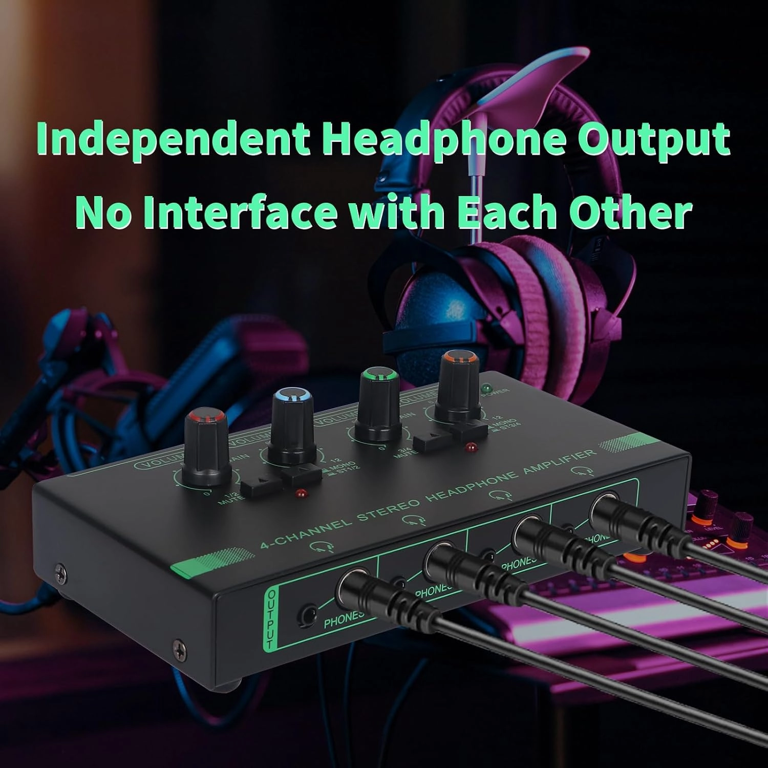 Horse Headphone Amp Amplifier, 4-Channel Metal Stereo Audio Amplifier, Mini Earphone Splitter, 1/4" 1/8" TRS/TS Audio Input and Output for Music Studio, DC 12V(Green&Black)