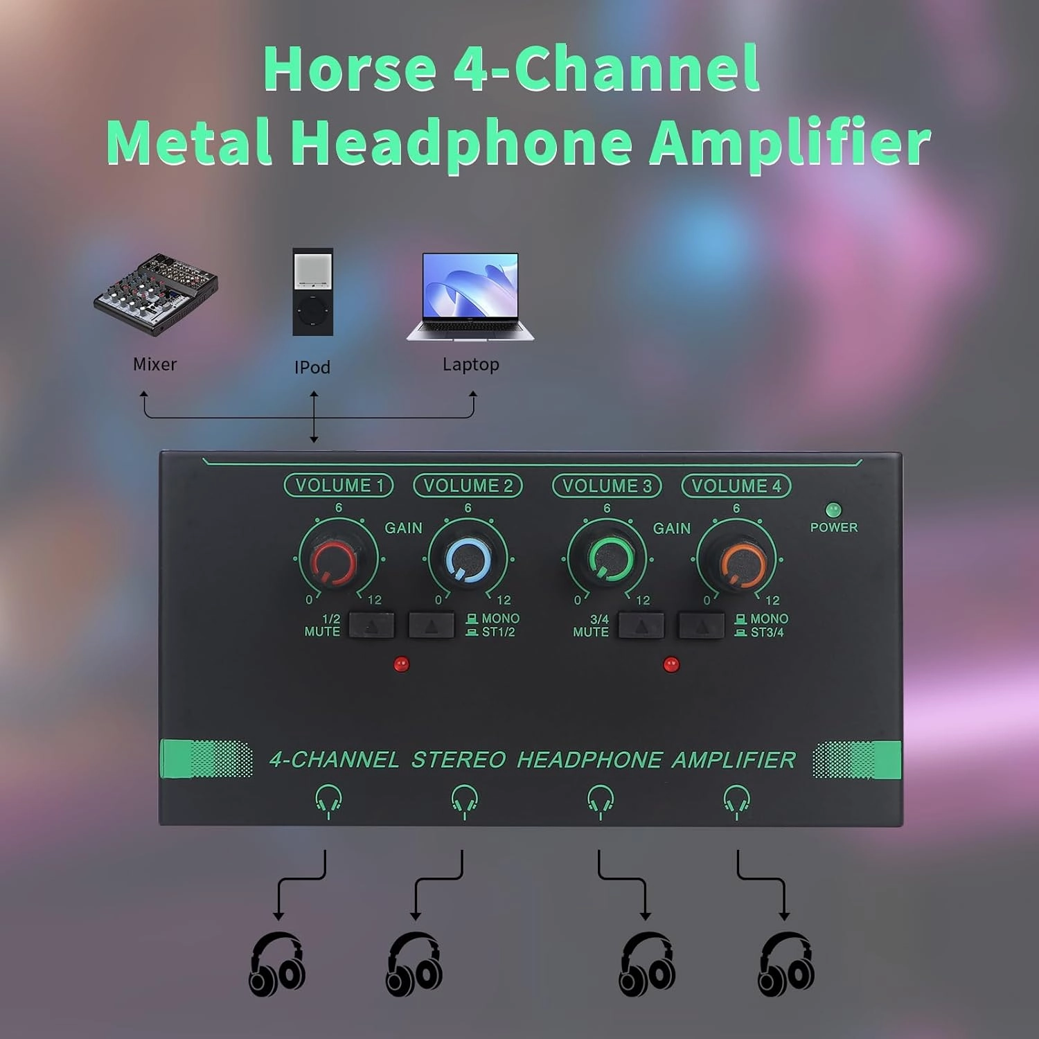 Horse Headphone Amp Amplifier, 4-Channel Metal Stereo Audio Amplifier, Mini Earphone Splitter, 1/4" 1/8" TRS/TS Audio Input and Output for Music Studio, DC 12V(Green&Black)