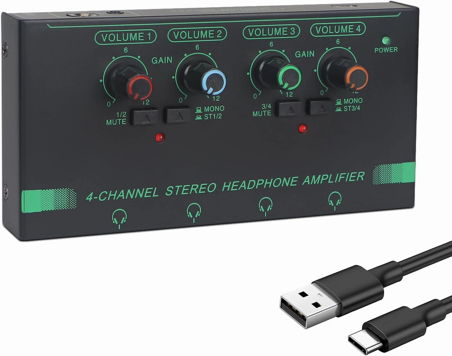 Horse Headphone Amp Amplifier, 4-Channel Metal Stereo Audio Amplifier, Mini Earphone Splitter, 1/4" 1/8" TRS/TS Audio Input and Output for Music Studio, DC 12V(Green&Black) headphone amplifier,portable amp,desktop headphone amp,