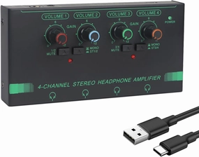 Horse Headphone Amp Amplifier, 4-Channel Metal Stereo Audio Amplifier, Mini Earphone Splitter, 1/4" 1/8" TRS/TS Audio Input and Output for Music Studio, DC 12V(Green&Black) headphone amplifier,portable amp,desktop headphone amp,