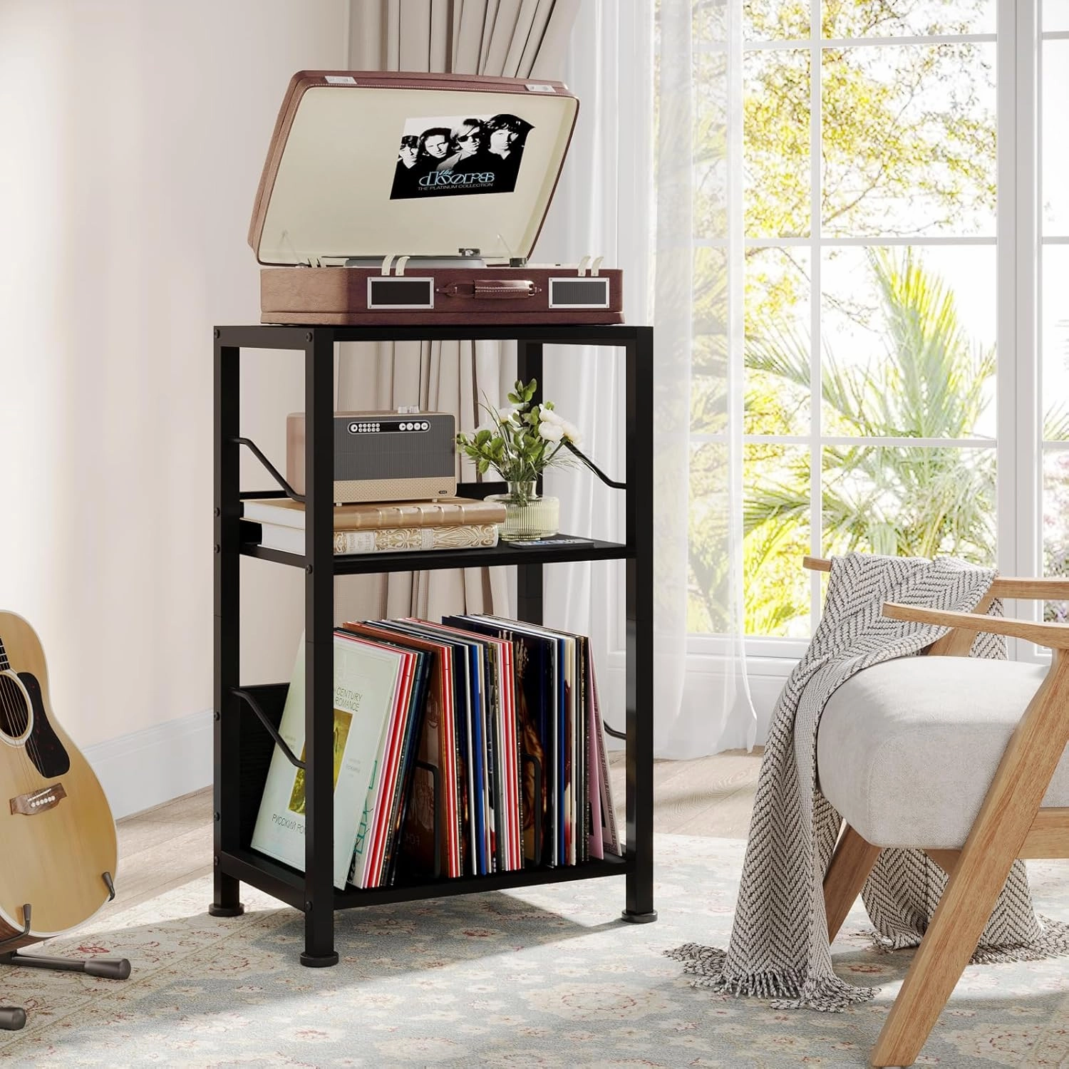 Hosfais 3 Tier Record Player Stand, Retro Vinyl Record Storage End Table Records for Living Room Bedroom (Black)