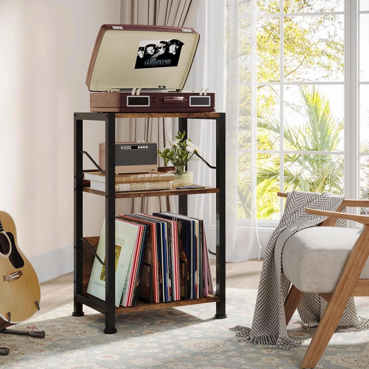 Hosfais 3 Tier Record Player Stand, Retro Vinyl Storage End Table Records for Living Room Bedroom (Rustic Brown)