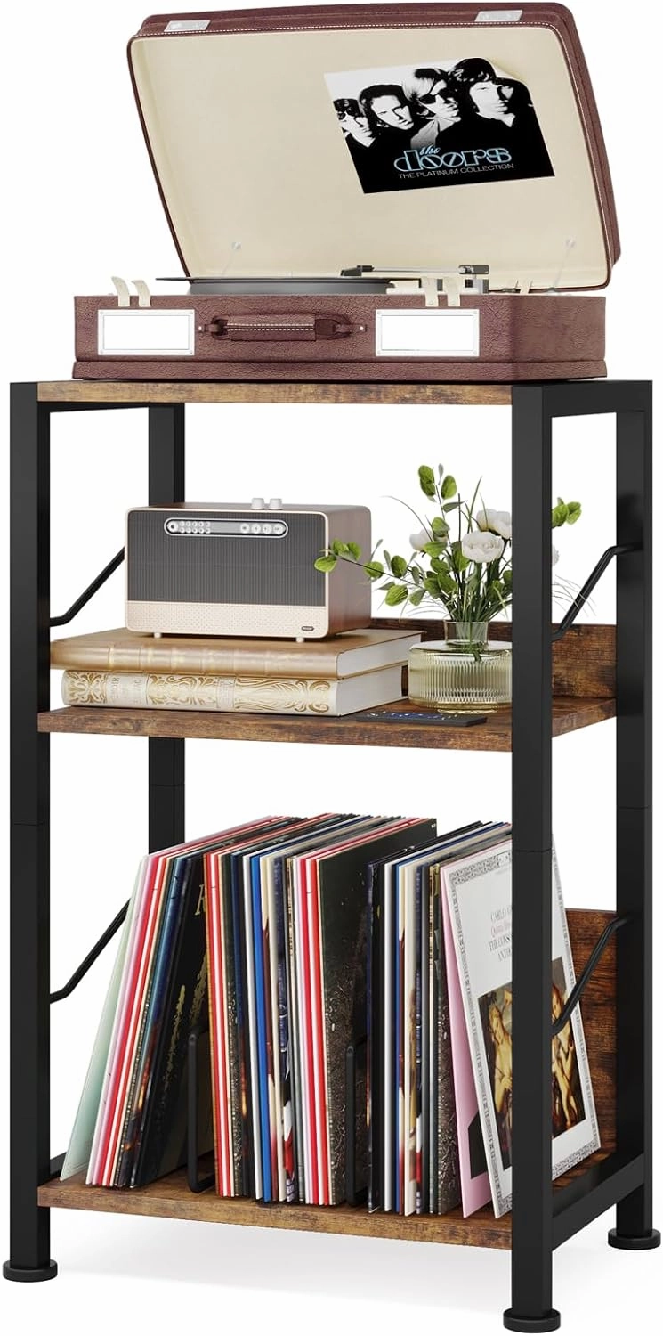 Hosfais 3 Tier Record Player Stand, Retro Vinyl Storage End Table Records for Living Room Bedroom (Rustic Brown) vinyl storage,record holder,LP organizer,