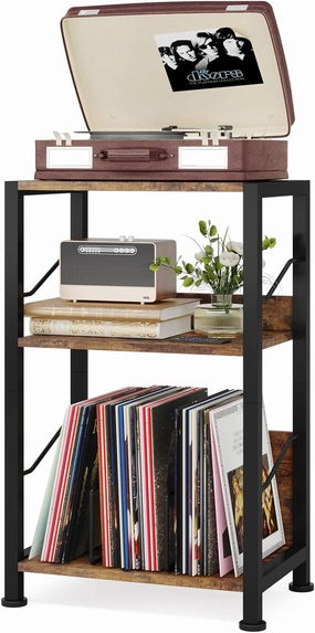 Hosfais 3 Tier Record Player Stand, Retro Vinyl Storage End Table Records for Living Room Bedroom (Rustic Brown) vinyl storage,record holder,LP organizer,