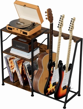 Hosfais Record Player Stand, 3 Tier Guitar Stand for Acoustic, Electric Guitar, Bass Stand, Vinyl Record Storage Up to 200 Albums, Brown Records Shelf for Living Room Bedroom (Rustic Brown) vinyl accessories,turntable parts,record player tools,