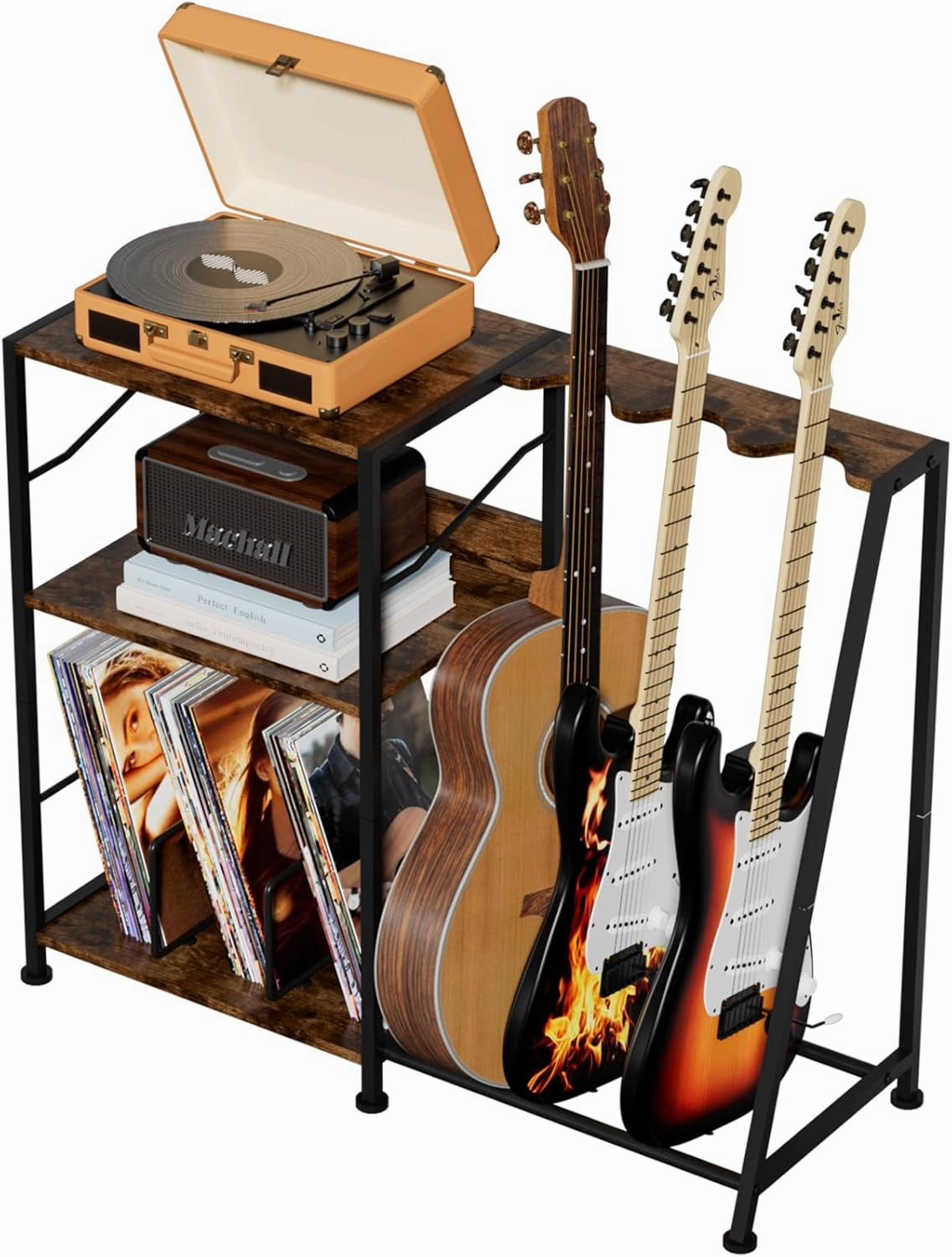 Hosfais Record Player Stand, 3 Tier Guitar Stand for Acoustic, Electric Guitar, Bass Stand, Vinyl Record Storage Up to 200 Albums, Brown Records Shelf for Living Room Bedroom (Rustic Brown) vinyl accessories,turntable parts,record player tools,