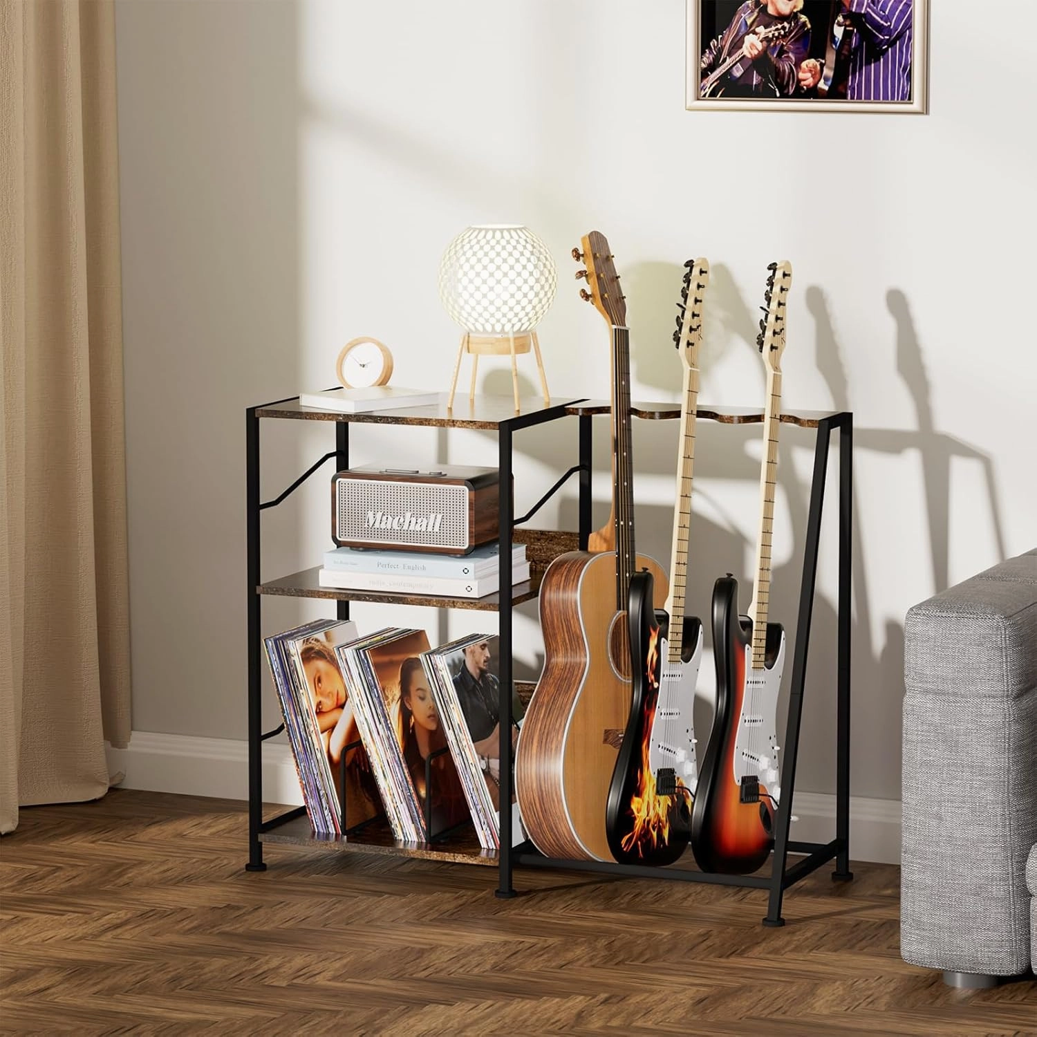 Hosfais Record Player Stand, 3 Tier Guitar Stand for Acoustic, Electric Guitar, Bass Stand, Vinyl Record Storage Up to 200 Albums, Brown Records Shelf for Living Room Bedroom (Rustic Brown)