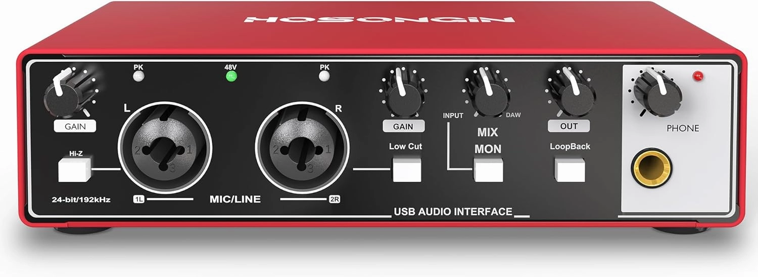 HOSONGIN 2i2 USB Audio Interface for Beginners - 24Bit/192kHz, 48V Phantom Power, Plug & Play Recording for Podcast/Vocals/Guitar/Youtube, PC/Mac/iOS Compatible (Red Metal)