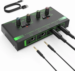 HOSONGIN 4 Channel Headphone Amplifier, Portable Mini Earphone Splitter with Independent Volume Control, Low Noise Stereo Output, Compatible with 1/4" & 1/8" TS/TRS, Ideal for Studio Stage headphone amplifier,portable amp,desktop headphone am