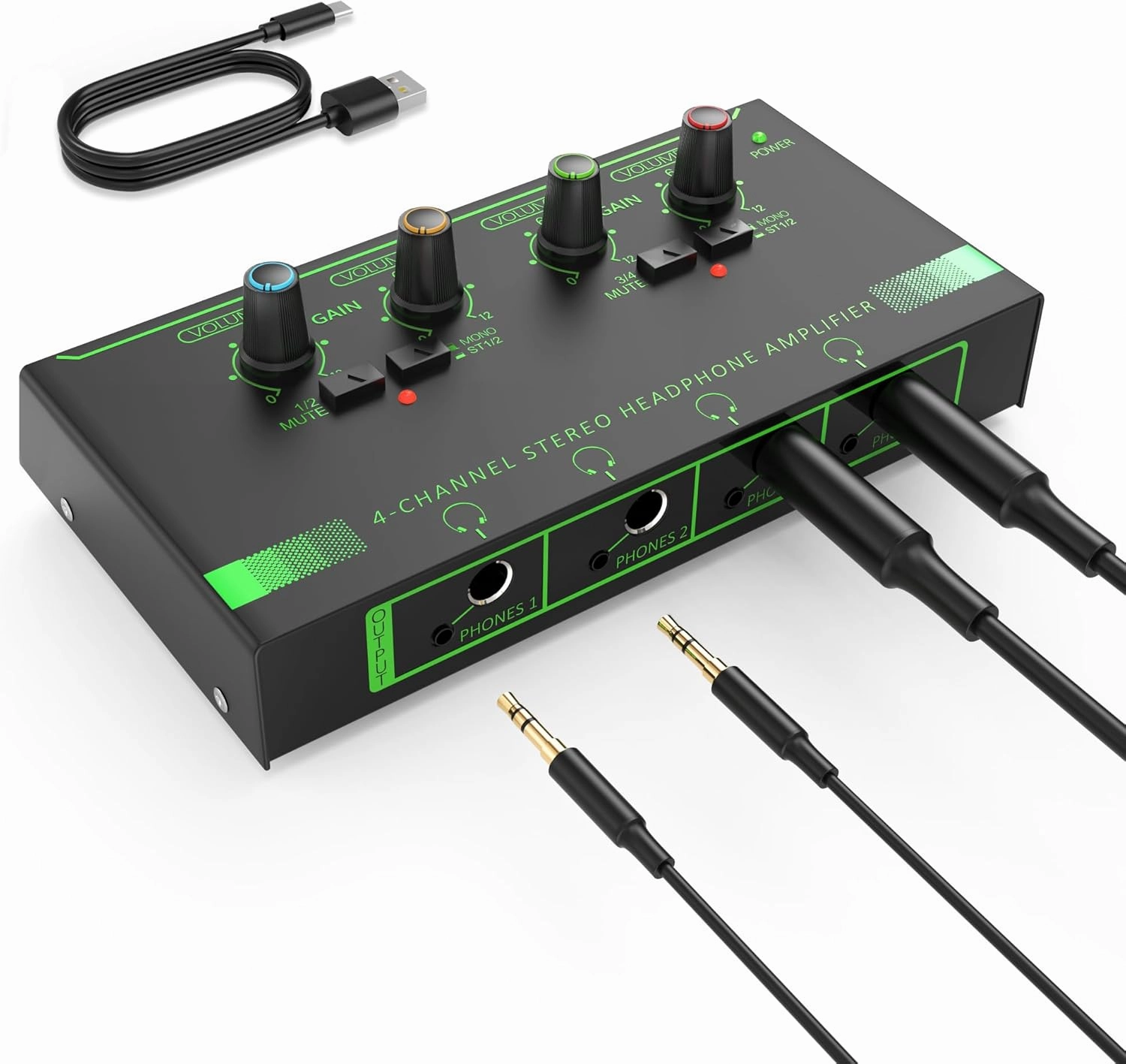 HOSONGIN 4 Channel Headphone Amplifier, Portable Mini Earphone Splitter with Independent Volume Control, Low Noise Stereo Output, Compatible with 1/4" & 1/8" TS/TRS, Ideal for Studio Stage headphone amplifier,portable amp,desktop headphone am