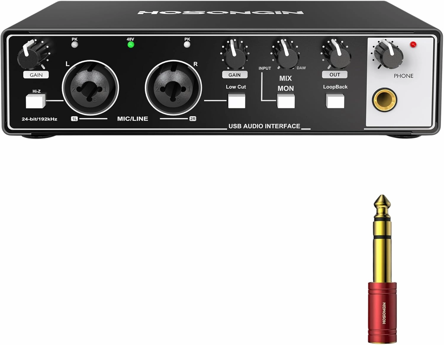 HOSONGIN USB Audio Interface for PC & Mac, Budget-Friendly 24-bit/192kHz Sound Card, Plug-and-Play Mixer for Beginners, Guitar, Podcast, and Streaming with 48V Phantom Power audio interface,USB interface,music recording input,