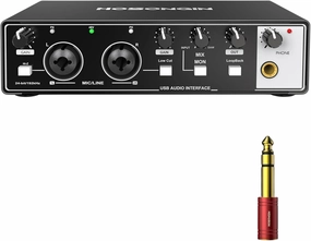 HOSONGIN USB Audio Interface for PC & Mac, Budget-Friendly 24-bit/192kHz Sound Card, Plug-and-Play Mixer for Beginners, Guitar, Podcast, and Streaming with 48V Phantom Power audio interface,USB interface,music recording input,
