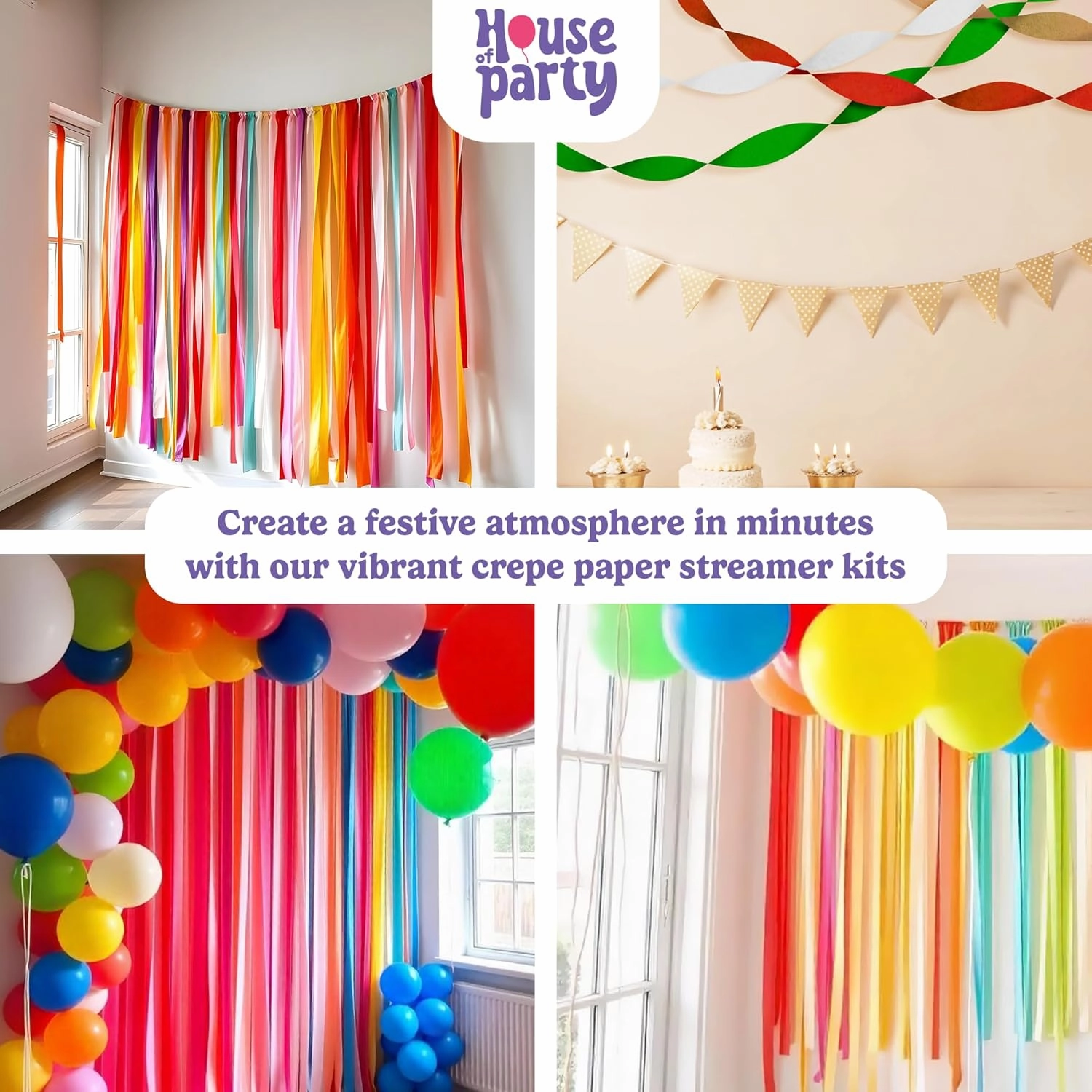 HOUSE OF PARTY OG Rainbow Crepe Paper Streamers 6 Crepe Paper Rolls 492ft (1.8 Inch x 82 Ft/Roll) - Pack of Red, Orange, Yellow, Green, Blue, Purple Streamers for Bachelorette Party Decorations