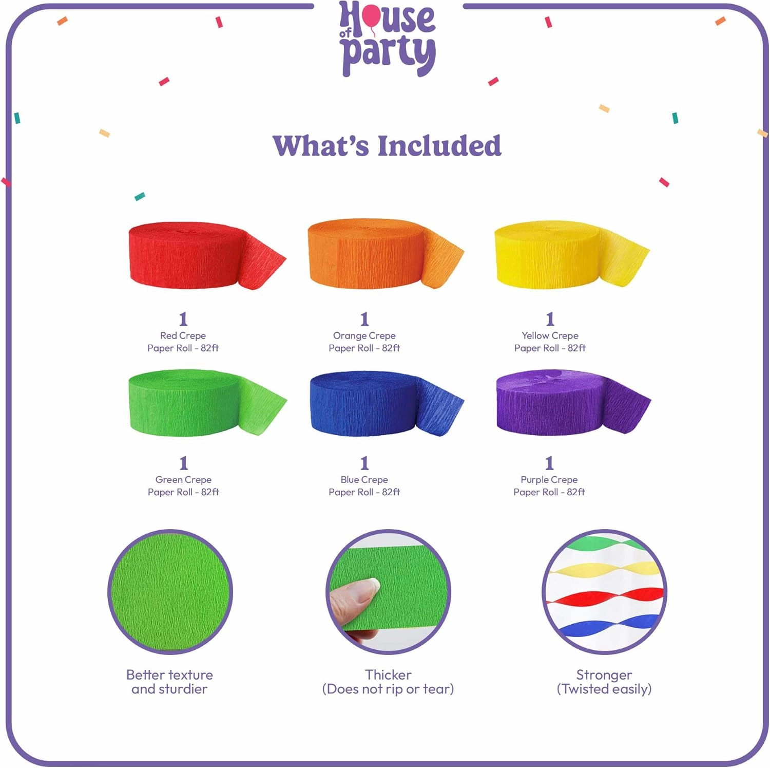 HOUSE OF PARTY OG Rainbow Crepe Paper Streamers 6 Crepe Paper Rolls 492ft (1.8 Inch x 82 Ft/Roll) - Pack of Red, Orange, Yellow, Green, Blue, Purple Streamers for Bachelorette Party Decorations