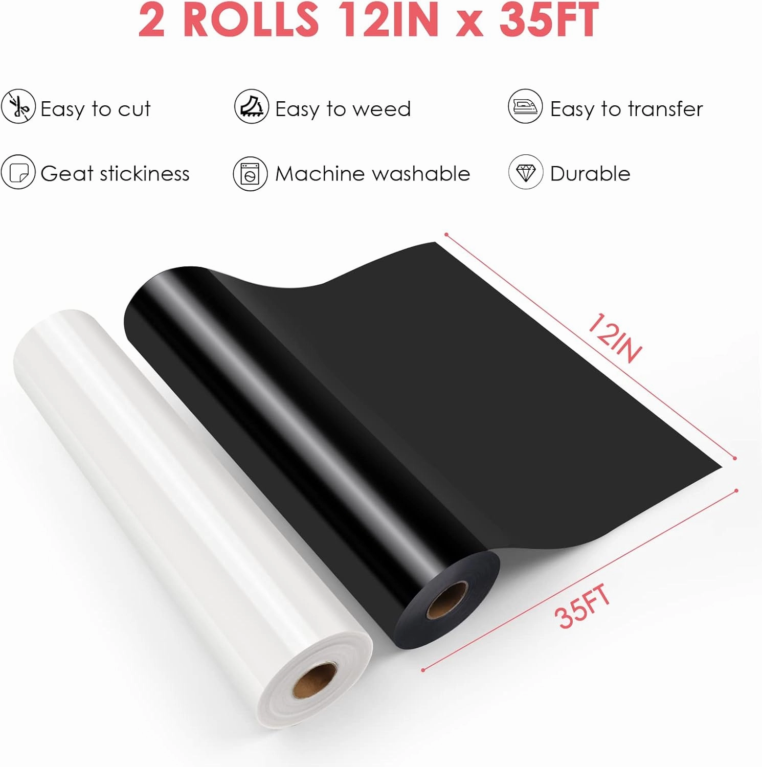 HTVRONT HTV Vinyl Rolls Black HTV and White Heat Transfer Vinyl - 12" x 35ft Black & White HTV Vinyl for Shirts, Black Iron on Vinyl for All Cutting Machines - Easy to Cut & Weed for Heat Vinyl Design