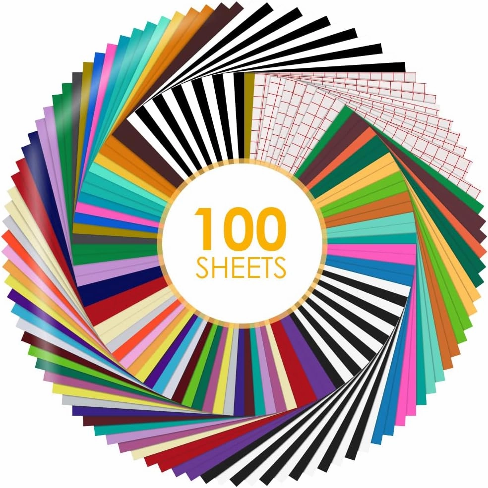 HTVRONT Permanent Vinyl for Cricut Machine-100 Pack 12 "x12 Adhesive Vinyl Sheets Set, 90 Sheets Permanent Bundle & 10 Transfer Tape for Projects and Crafting vinyl accessories,turntable parts,record player tools,