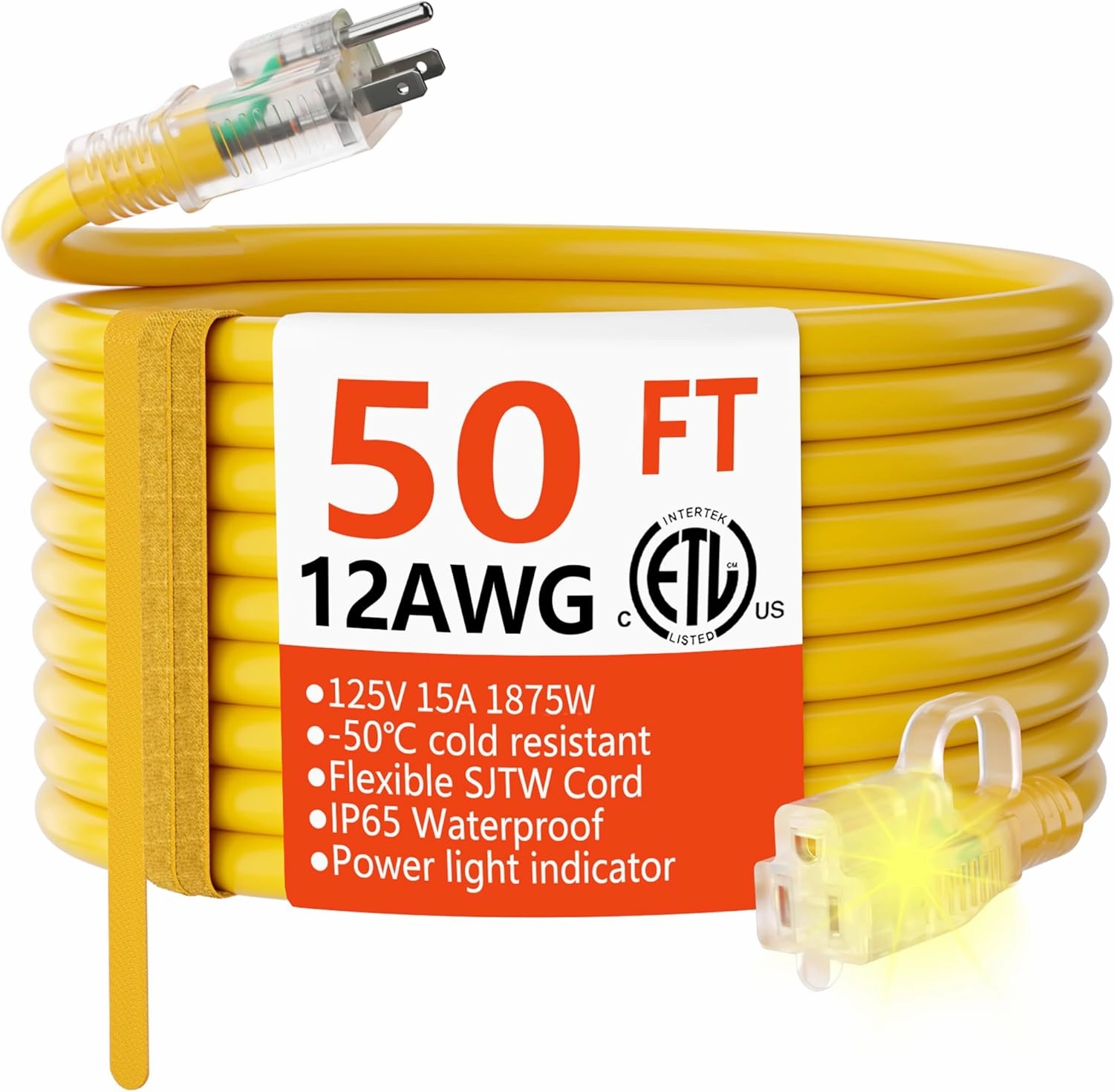 HUANCHAIN 12/3 Gauge Heavy Duty Outdoor Extension Cord 50 ft Waterproof with Lighted end, Flexible Cold-Resistant 3 Prong Electric Cord Outside, 15Amp 1875W 12AWG SJTW, Yellow, ETL power cord,hi-fi power cable,AC power lead,