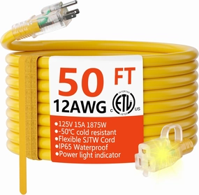 HUANCHAIN 12/3 Gauge Heavy Duty Outdoor Extension Cord 50 ft Waterproof with Lighted end, Flexible Cold-Resistant 3 Prong Electric Cord Outside, 15Amp 1875W 12AWG SJTW, Yellow, ETL power cord,hi-fi power cable,AC power lead,