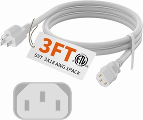HUANCHAIN 3 FT Power Cord 3 Prong, 18/3 PC Power Cable for Comeputer, Monitor, TVs, Projectors, Desktops, Speakers, 10A 125V 1250W 18AWG, White ETL Listed power cord,hi-fi power cable,AC power lead,