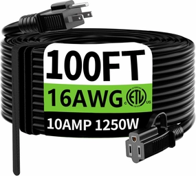 HUANCHAIN Indoor Outdoor Black Extension Cord 100 ft Waterproof, 16/3 Gauge Flexible Cold-Resistant Appliance Extension Cord Outside, 10A 1250W 16AWG SJTW, 3 Prong Heavy Duty Electric Cable, ETL power cord,hi-fi power cable,AC power lead,