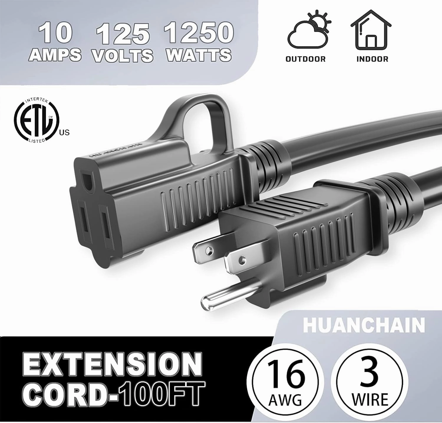 HUANCHAIN Indoor Outdoor Black Extension Cord 100 ft Waterproof, 16/3 Gauge Flexible Cold-Resistant Appliance Extension Cord Outside, 10A 1250W 16AWG SJTW, 3 Prong Heavy Duty Electric Cable, ETL