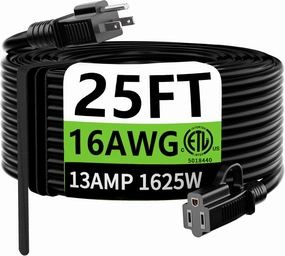 HUANCHAIN Indoor Outdoor Black Extension Cord 25 ft Waterproof, 16/3 Gauge Flexible Cold-Resistant Appliance Cable Outside, 13A 1625W 16AWG SJTW, 3 Prong Heavy Duty Electric Cord, ETL power cord,hi-fi power cable,AC power lead,