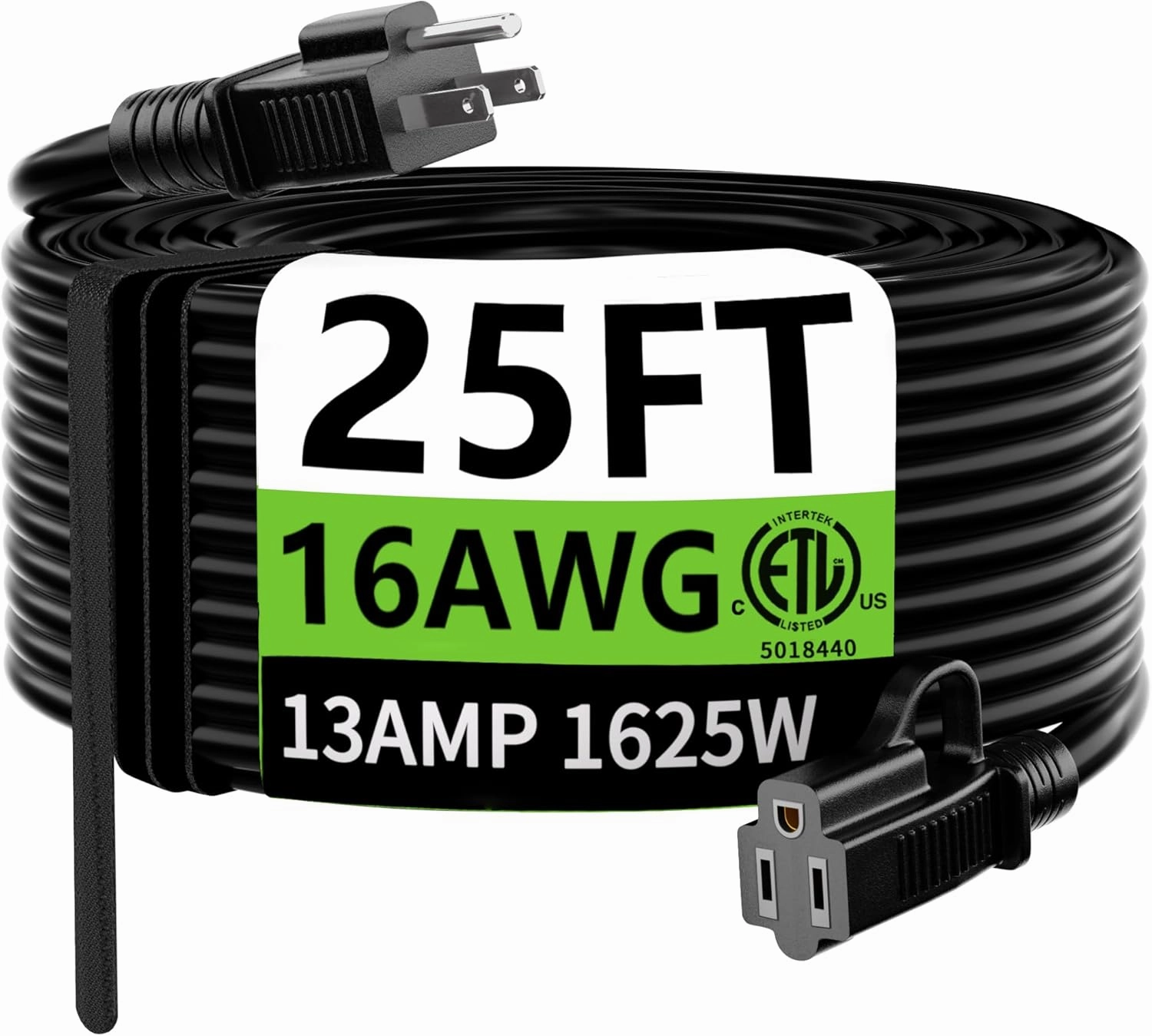 HUANCHAIN Indoor Outdoor Black Extension Cord 25 ft Waterproof, 16/3 Gauge Flexible Cold-Resistant Appliance Cable Outside, 13A 1625W 16AWG SJTW, 3 Prong Heavy Duty Electric Cord, ETL power cord,hi-fi power cable,AC power lead,