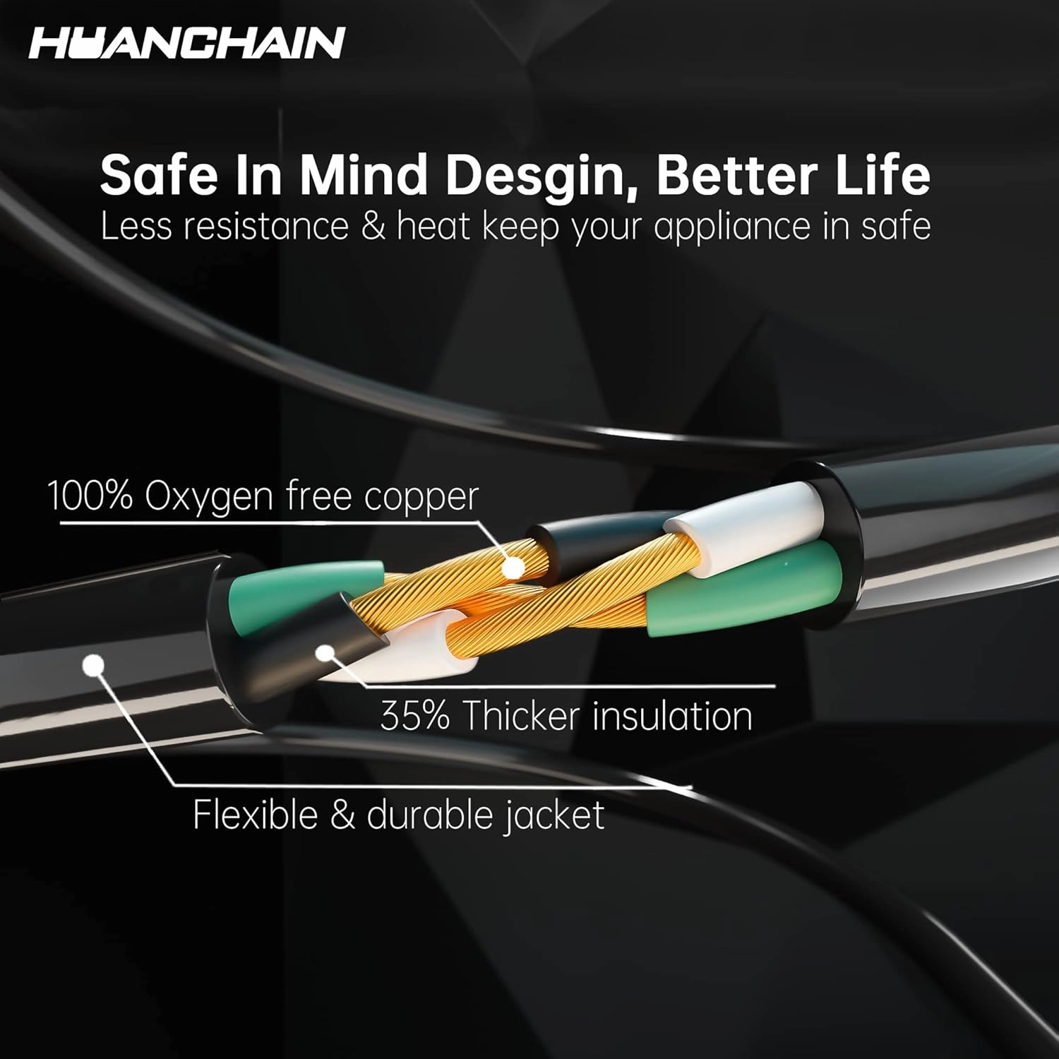 HUANCHAIN Indoor Outdoor Black Extension Cord 25 ft Waterproof, 16/3 Gauge Flexible Cold-Resistant Appliance Cable Outside, 13A 1625W 16AWG SJTW, 3 Prong Heavy Duty Electric Cord, ETL