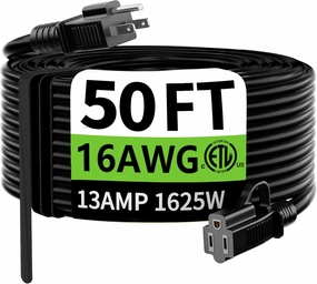 HUANCHAIN Indoor Outdoor Black Extension Cord 50 ft Waterproof, 16/3 Gauge Flexible Cold-Resistant Appliance Extension Cord Outside, 13A 1625W 16AWG SJTW, 3 Prong Heavy Duty Electric Cord, ETL power cord,hi-fi power cable,AC power lead,