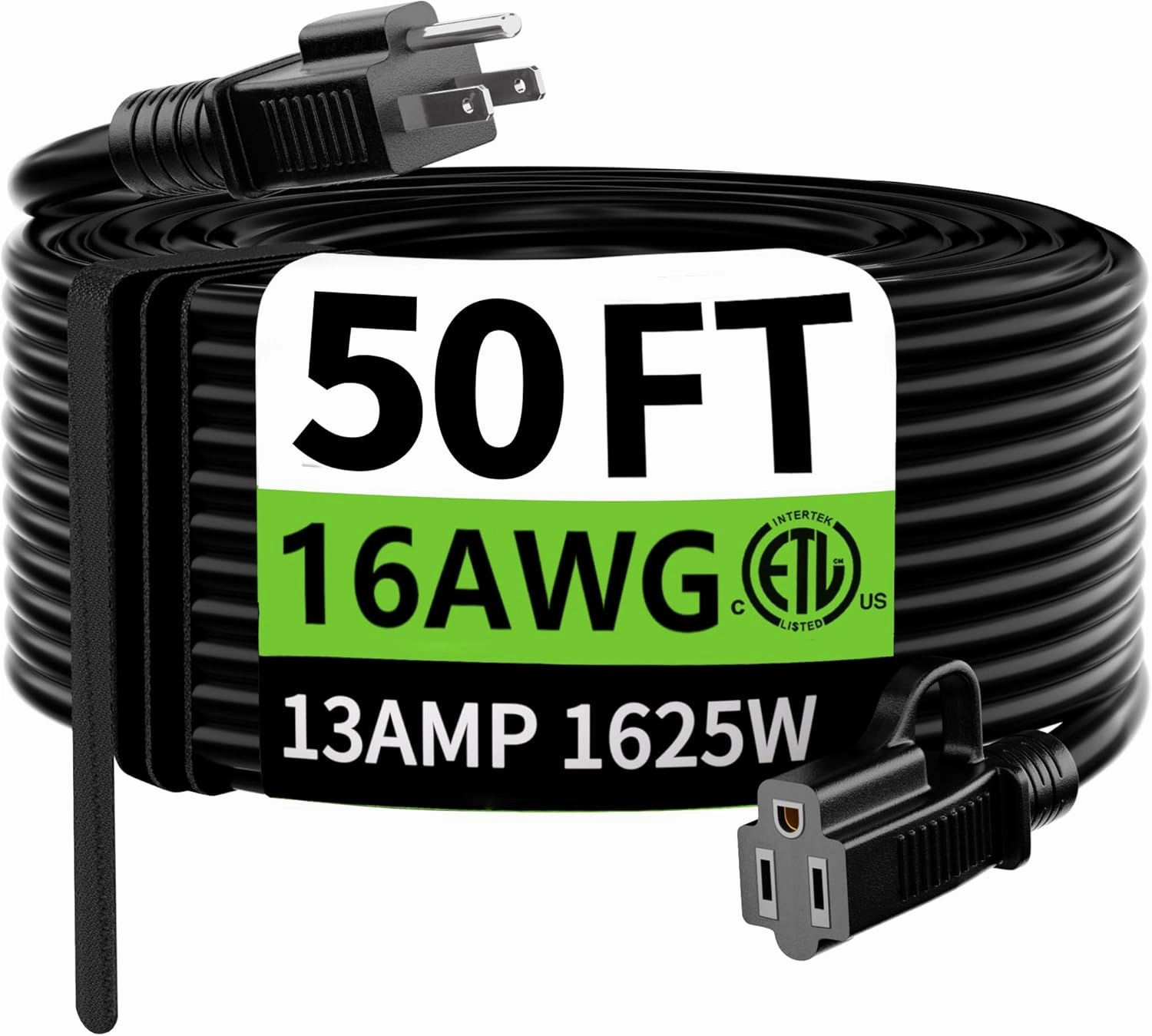 HUANCHAIN Indoor Outdoor Black Extension Cord 50 ft Waterproof, 16/3 Gauge Flexible Cold-Resistant Appliance Extension Cord Outside, 13A 1625W 16AWG SJTW, 3 Prong Heavy Duty Electric Cord, ETL power cord,hi-fi power cable,AC power lead,