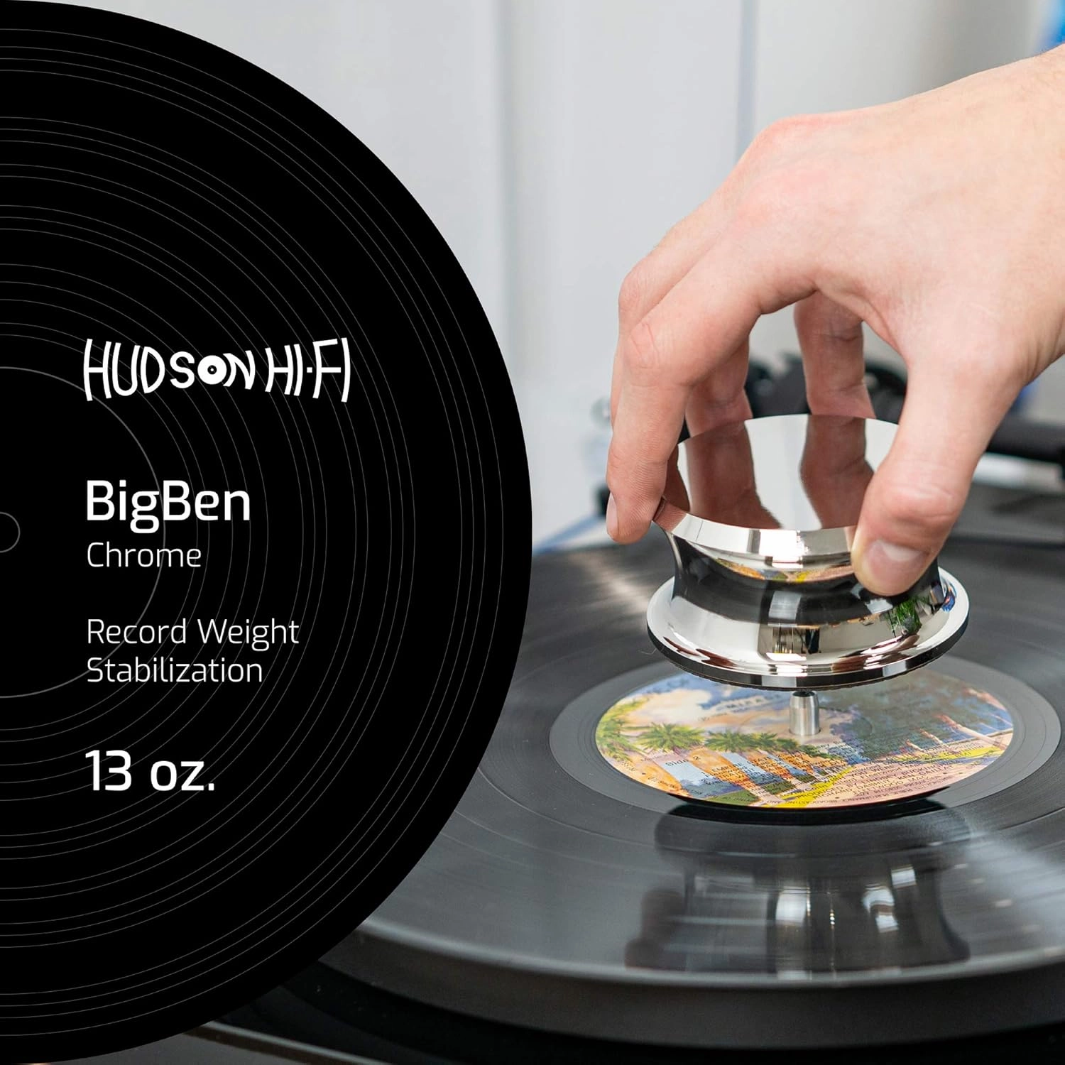 Hudson Hi-Fi BigBen Record Weight Stabilizer with Protective Leather Pad - 13-Ounce Vinyl Turntable Weight - Durable & Stylish LP Stabilizer - Fits on Any Turntable - Chrome