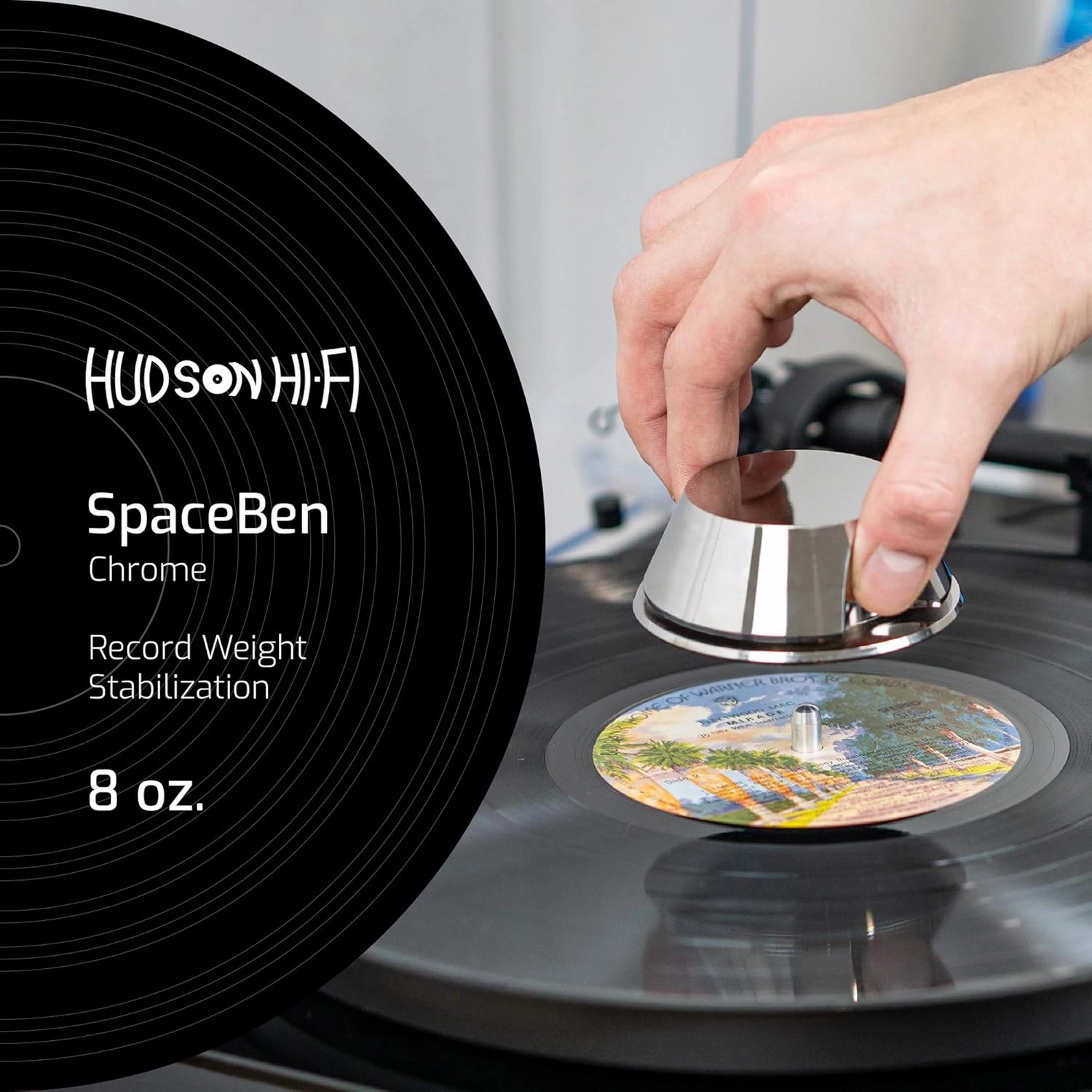 Hudson Hi-Fi SpaceBen Record Weight Stabilizer with Protective Leather Pad - 8-Ounce Vinyl Turntable Weight - Durable & Stylish LP Stabilizer - Fits Any Turntable - Chrome
