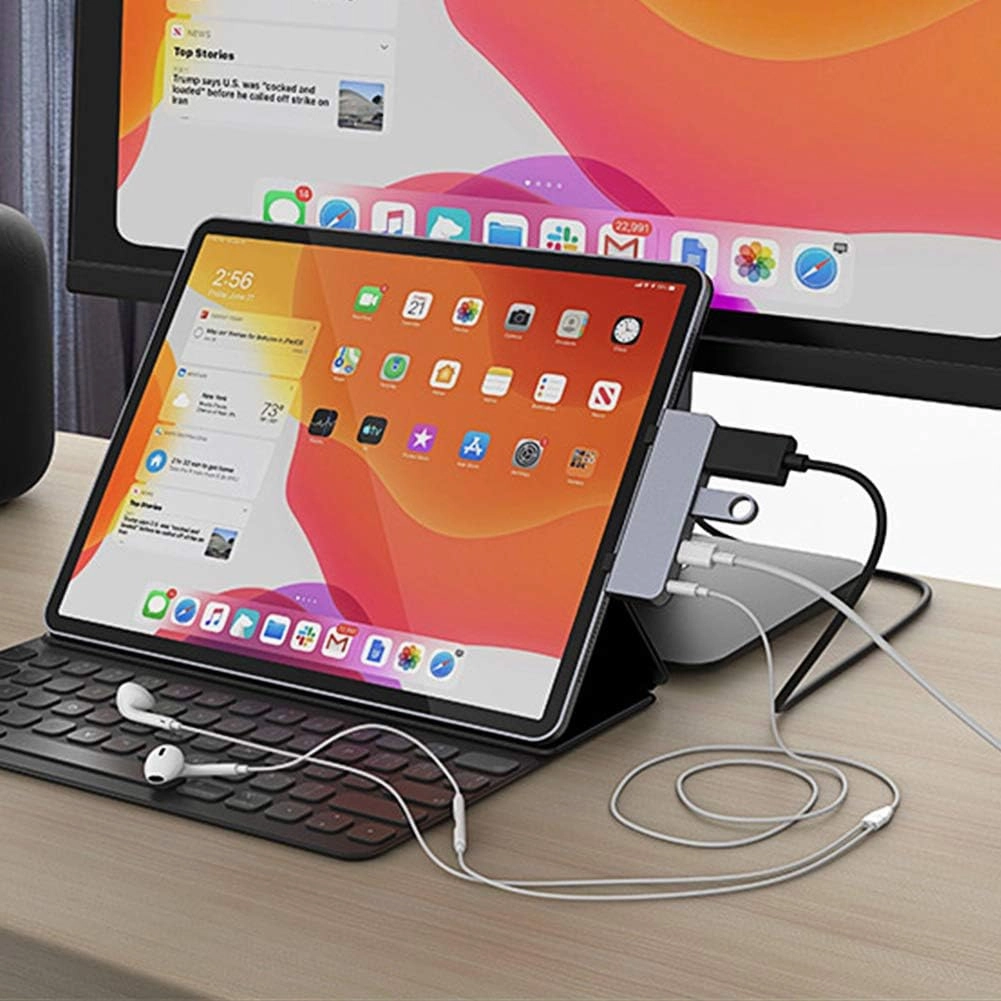 HyperDrive USB C Hub Adapter for iPad Pro 2020 2019 2018 11/ 12.9", USBC Smartphone/Tablet, 4-in-1 USB-C Hub Dongle with 4K HDMI, C-USB PD Charging, USB 3.0, 3.5mm Headphone Audio Jack -Gray