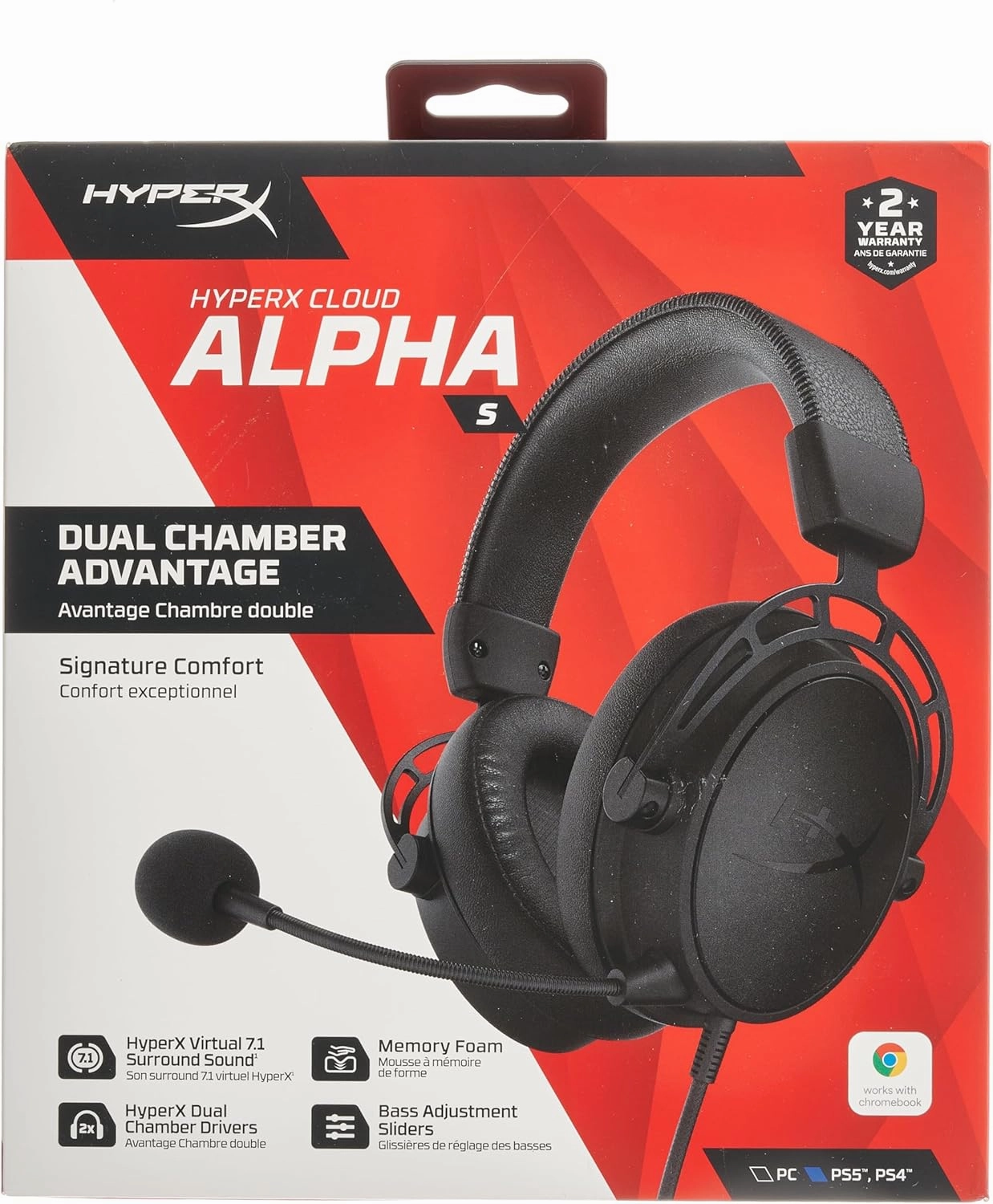 HyperX Cloud Alpha S - PC Gaming Headset, 7.1 Surround Sound, Adjustable Bass, Dual Chamber Drivers, Chat Mixer, Breathable Leatherette, Memory Foam, and Noise Cancelling Microphone  Blackout