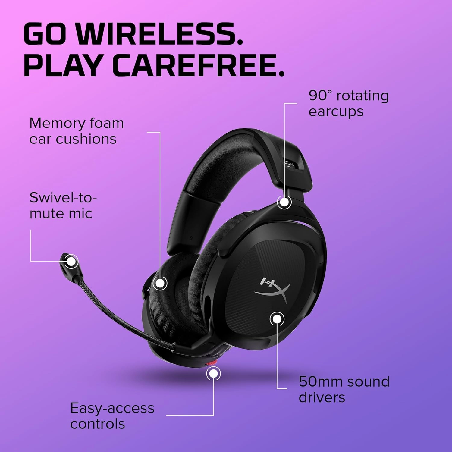 HyperX Cloud Stinger 2 - Wireless Gaming Headset  Compatible with PC. Noise-cancelling Swivel-to-mute Microphone, Comfortable Memory Foam, UP to 20 hours of battery life,Black
