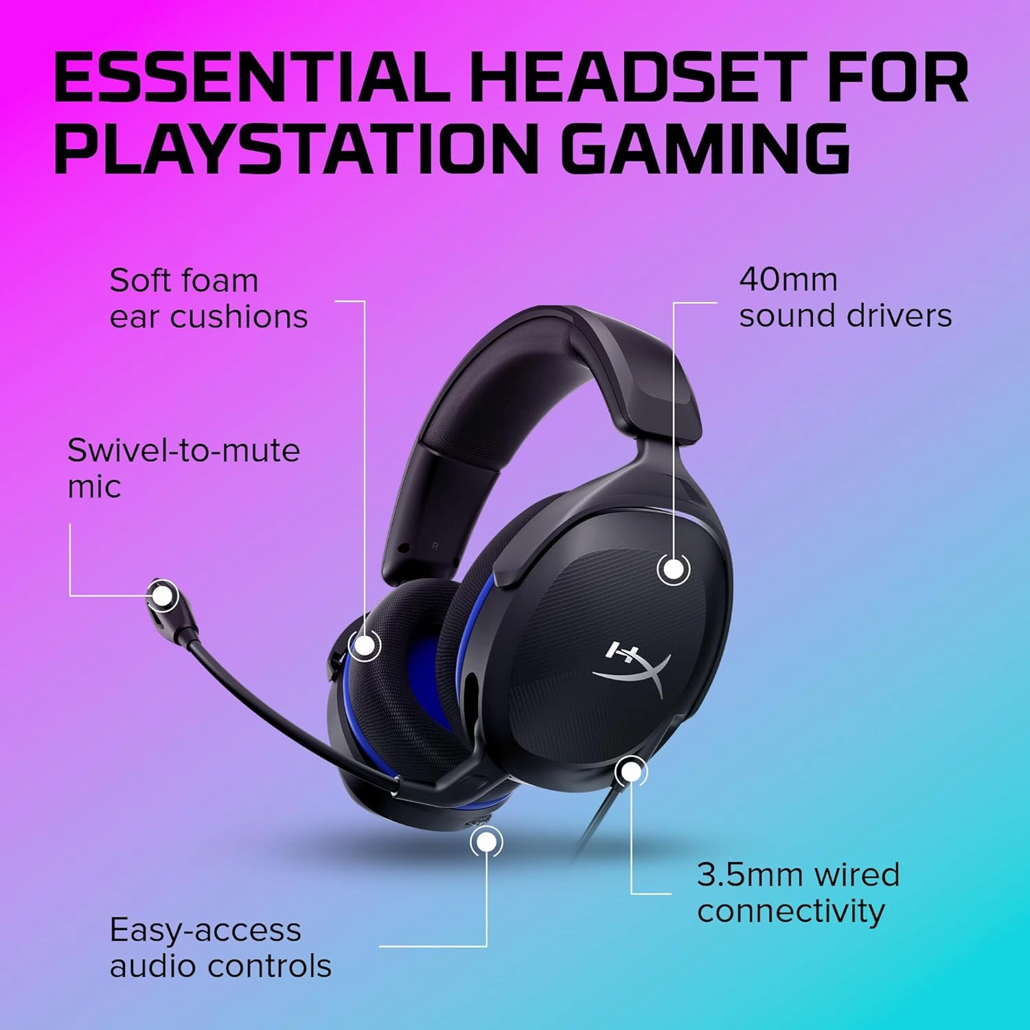 HyperX Cloud Stinger 2 Core - Gaming Headset for Playstation, Lightweight Over-Ear Headset with mic, Swivel-to-Mute Function, 40mm Drivers - Black