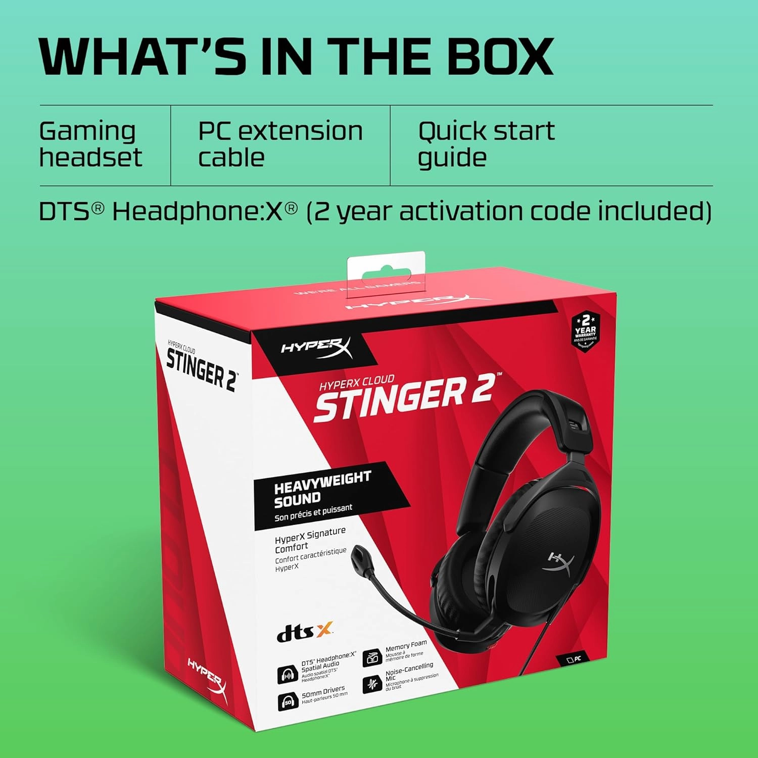 HyperX Cloud Stinger 2  Gaming Headset, DTS Headphone:X Spatial Audio, Lightweight Over-Ear Headset with mic, Swivel-to-Mute Function, 50mm Drivers, PC Compatible, Black