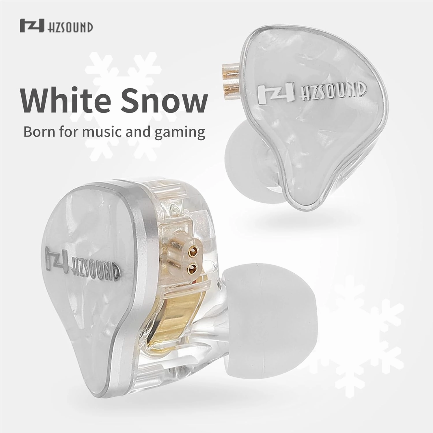Hzsound White Snow in Ear Monitor Headphones HiFi IEM Earbuds,Resin drip molding Cover HiFi Gaming Earbuds with Detachable Cable for Gaming Singers Musicians